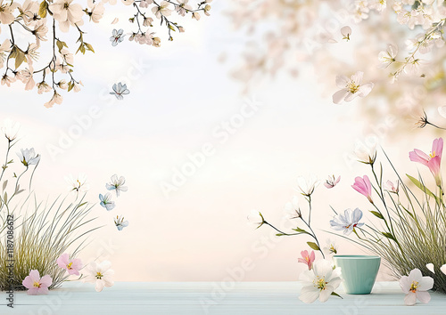 Obraz na płótnie Frühlingshafte Aquarell-Illustration – Zarte Blumen mit Textfreiraum im Querformat w salonie