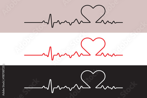  Heartbeat line icon on white background. One line heart and pulse rate wave vector in red, black and white color. Medical logo template. Vector illustration.

