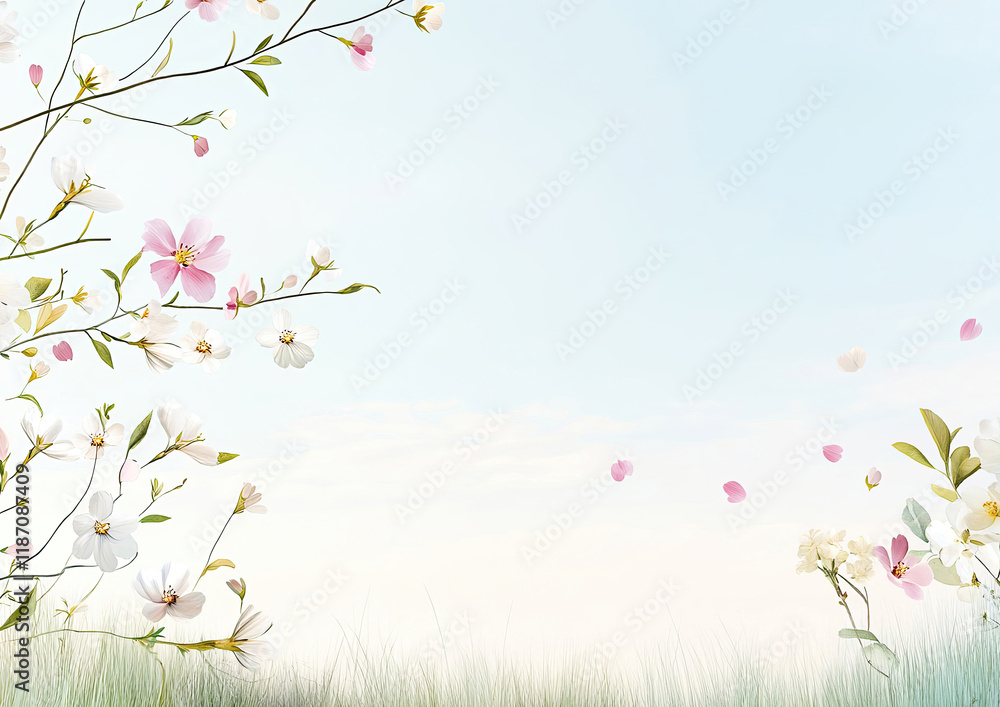 Frühlingshafte Aquarell-Illustration – Zarte Blumen mit Textfreiraum im Querformat