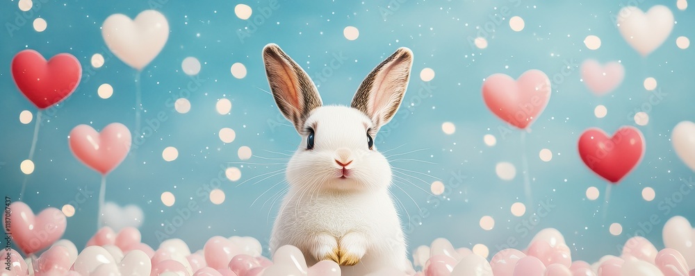 Valentine rabbit with romance and joy idea. Cute rabbit surrounded by hearts and colorful decorations. Valentine rabbit with romance and joy idea. Cute rabbit surrounded by hearts and colorful decorations.