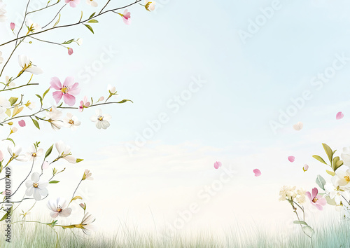 Obraz na płótnie Frühlingshafte Aquarell-Illustration – Zarte Blumen mit Textfreiraum im Querformat w salonie