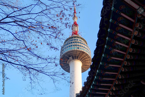 Beautiful view of N Tower or Seoul Tower on Namsan mountain during winter, Seoul, South Korea
