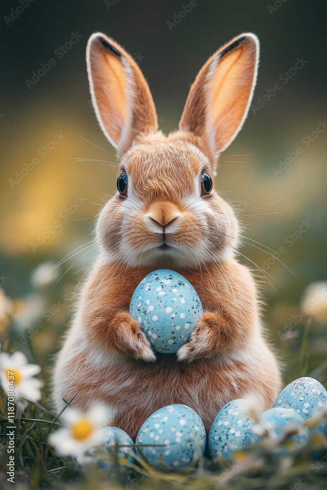Fototapeta premium Rabbit holding blue speckled egg on grass, surrounded by flowers and additional blue eggs