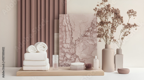 This mood board captures the essence of a tranquil spa environment with dusty rose tones, soft towels, elegant decor, and floral arrangements to inspire relaxation and peace photo