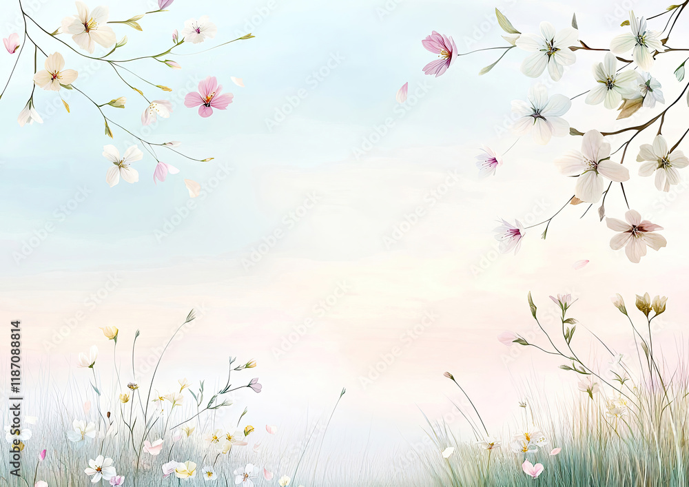 Frühlingshafte Aquarell-Illustration – Zarte Blumen mit Textfreiraum im Querformat