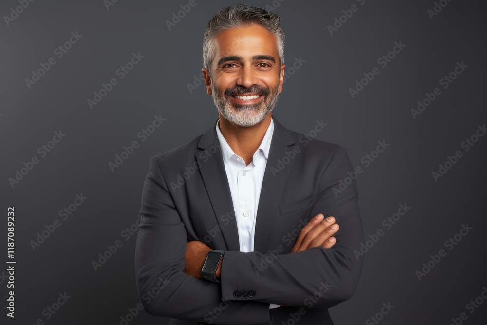 Portrait of a confident and successful businessman smiling with folded arms, wearing a suit and a smartwatch, on a grey background Portrait of a confident and successful businessman smiling with folded arms, wearing a suit and a smartwatch, on a grey background