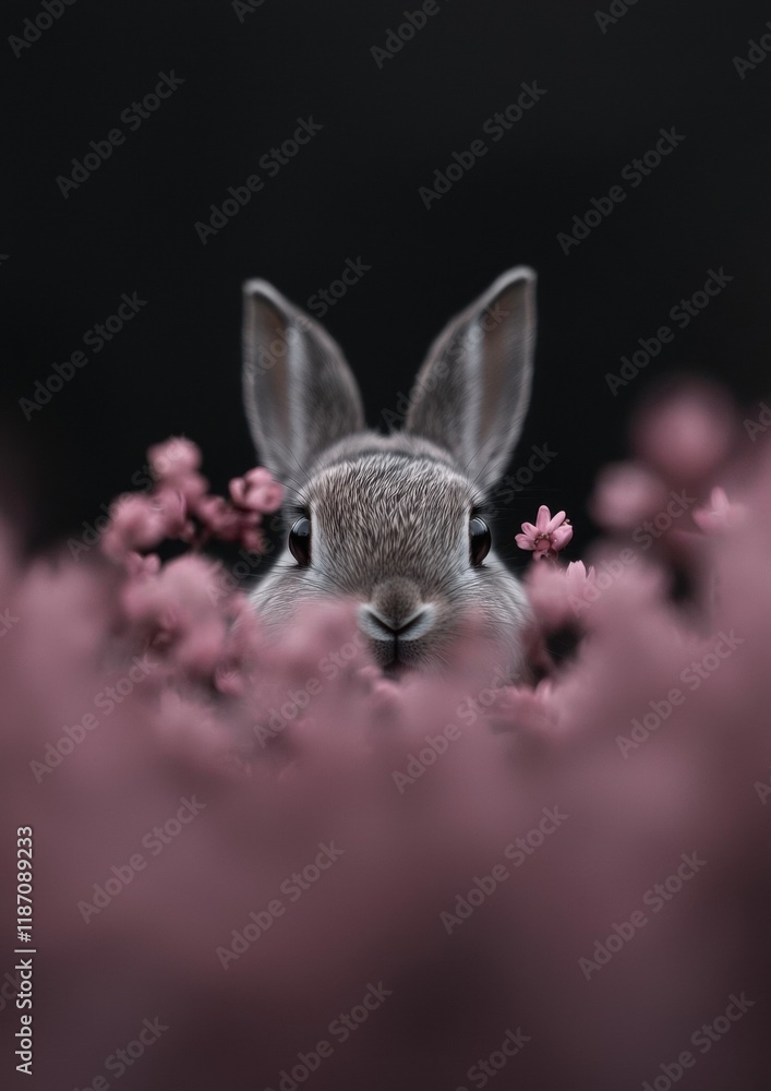 Obraz premium A rabbit is standing in a field of pink flowers