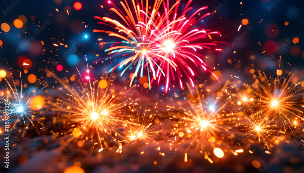 Naklejka premium Sparkling Fireworks and Festive Sparklers: A Vibrant Night Scene