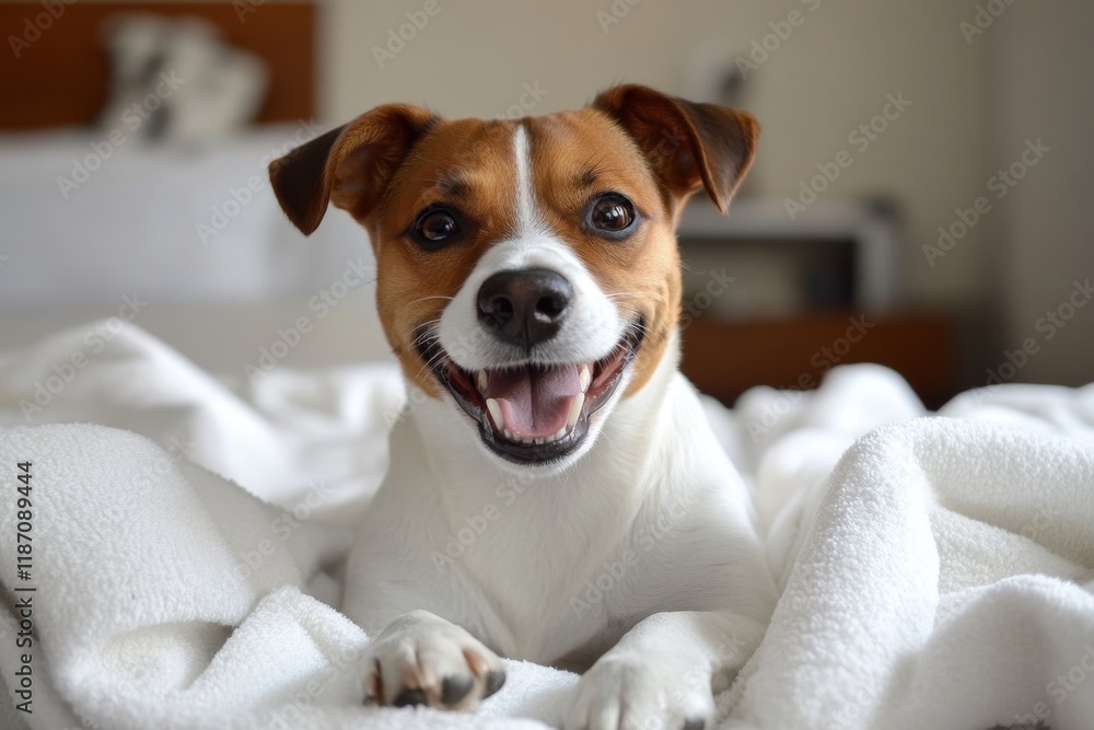 Cute dog lying on a bed with a white blanket and smiling, with a bedroom background Generative AI Cute dog lying on a bed with a white blanket and smiling, with a bedroom background Generative AI