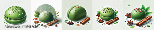 vector set of delicious green mochi dishes