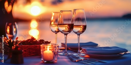 Romantic sunset beach scene, two wine glasses, rose petals, candlelight, ocean view, golden hour lighting, reflections on water, intimate setting, vibrant colors, soft focus, dreamy atmosphere, coasta photo