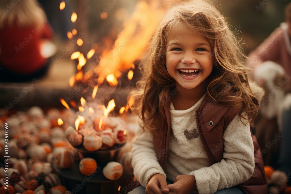 Little girl laughing near bonfire with burning oranges in autumn, enjoying a cozy evening Little girl laughing near bonfire with burning oranges in autumn, enjoying a cozy evening