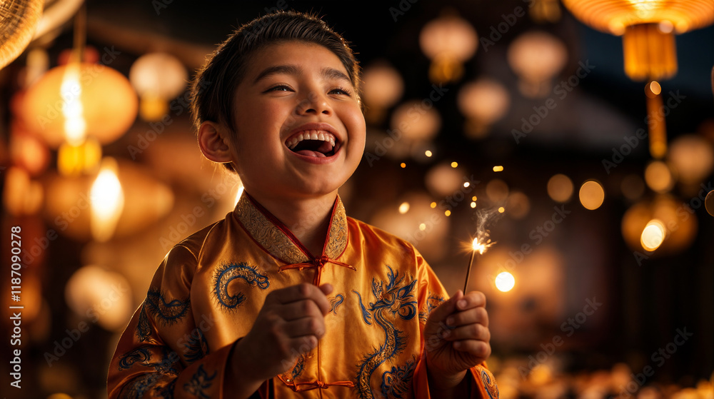 Young Boy Celebrating Chinese New Year 2025: Year of the Wood Snake Young Boy Celebrating Chinese New Year 2025: Year of the Wood Snake