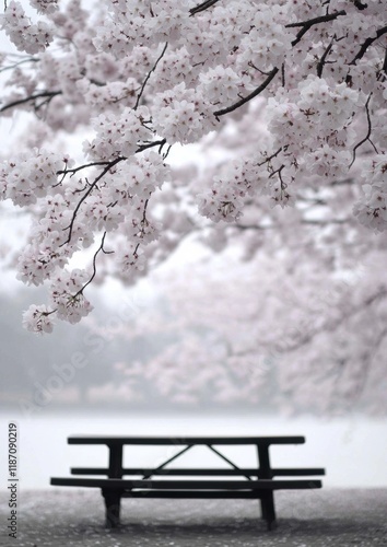 Wallpaper Mural A bench is sitting under a tree with white blossoms Torontodigital.ca