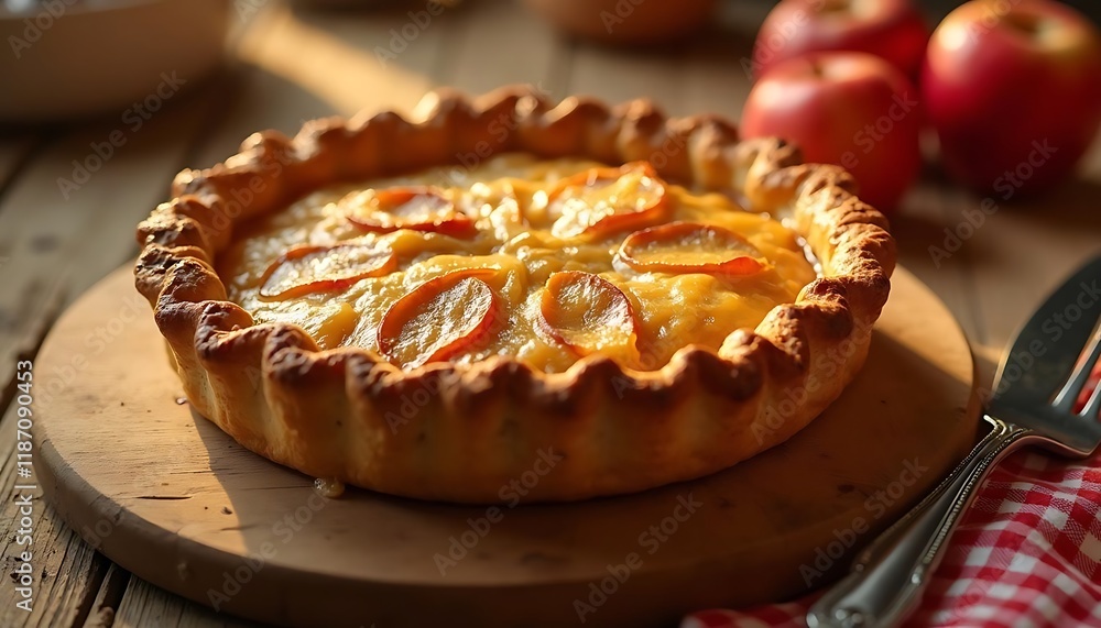 A close-up of a golden apple pie, showcasing the flaky crust and glistening fruit filling. A fork lies nearby on a wooden cutting board. A close-up of a golden apple pie, showcasing the flaky crust and glistening fruit filling. A fork lies nearby on a wooden cutting board.