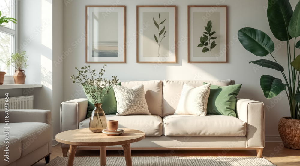 Fototapeta premium beige sofa sunlit living room with green accents