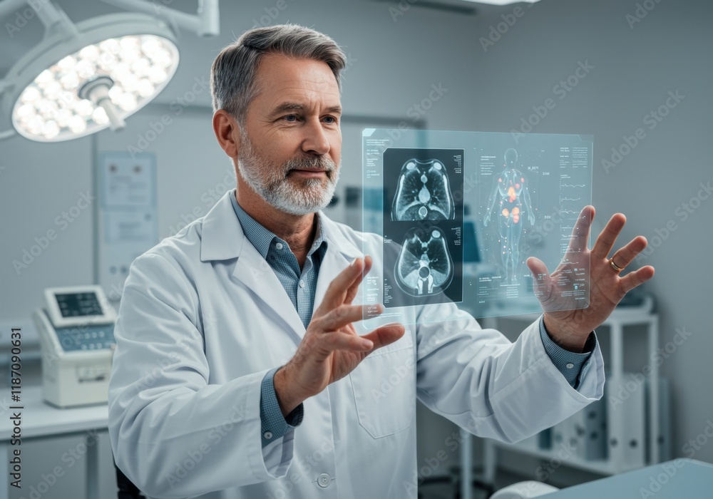 Futuristic medical technology with doctor analyzing interactive holographic x-rays Futuristic medical technology with doctor analyzing interactive holographic x-rays