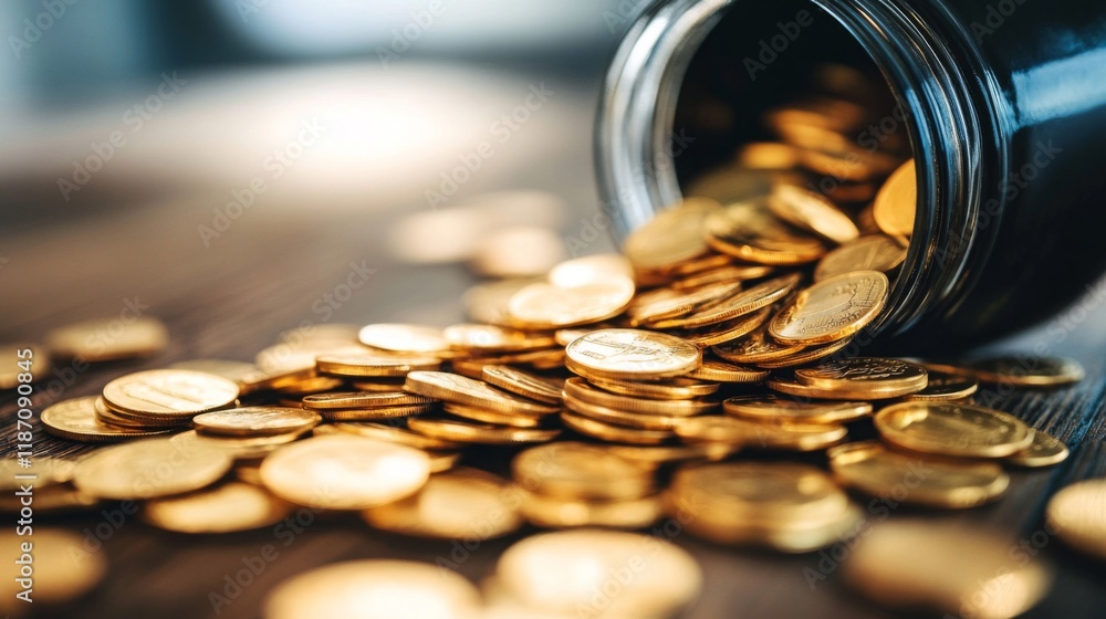 Golden Coins Pouring From A Jar Onto A Surface Golden Coins Pouring From A Jar Onto A Surface