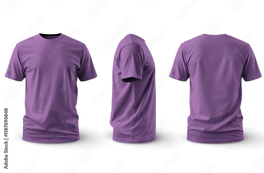 Versatile purple t-shirt front, side, and back views for mockup design Versatile purple t-shirt front, side, and back views for mockup design