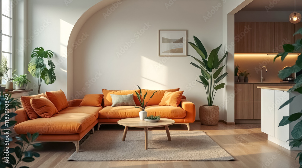 Fototapeta premium bright living room with sectional sofa natural light