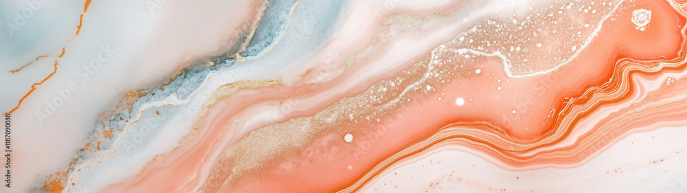 Fototapeta premium Banner or header with elegant abstract fluid marble design in soft coral and blue tones with golden accents for modern decor, artistic backgrounds, or luxury themes