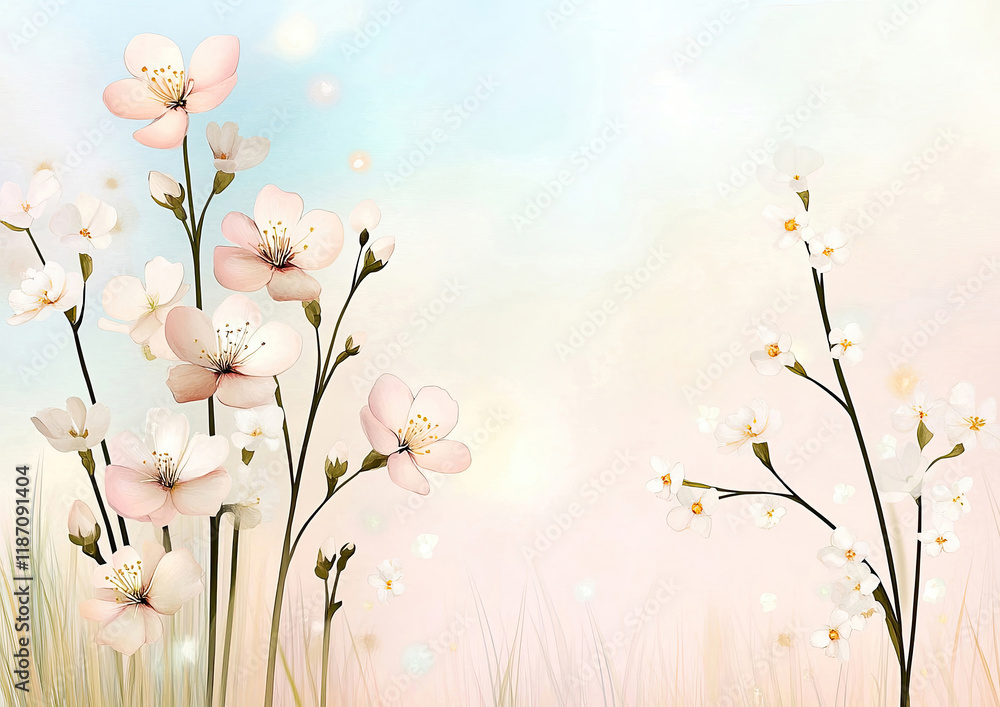 Frühlingshafte Aquarell-Illustration – Zarte Blumen mit Textfreiraum im Querformat