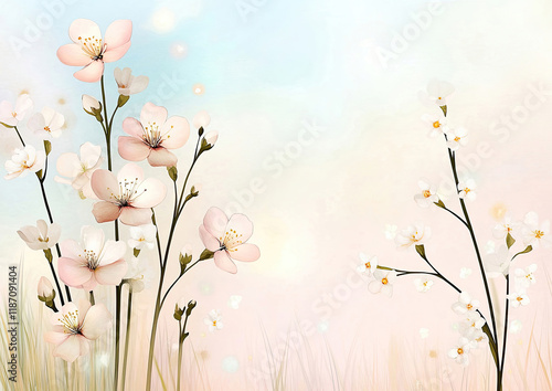 Obraz na płótnie Frühlingshafte Aquarell-Illustration – Zarte Blumen mit Textfreiraum im Querformat w salonie