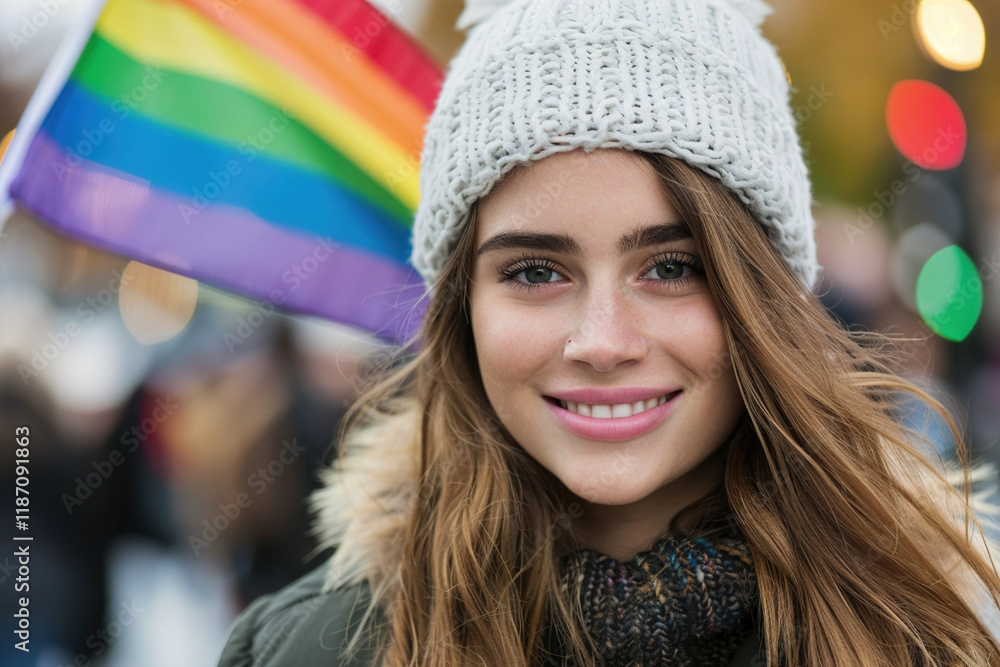 Androgynous person in colorful outfit, striking pose under rainbow flag, celebrating LGBT+ identity proudly Androgynous person in colorful outfit, striking pose under rainbow flag, celebrating LGBT+ identity proudly