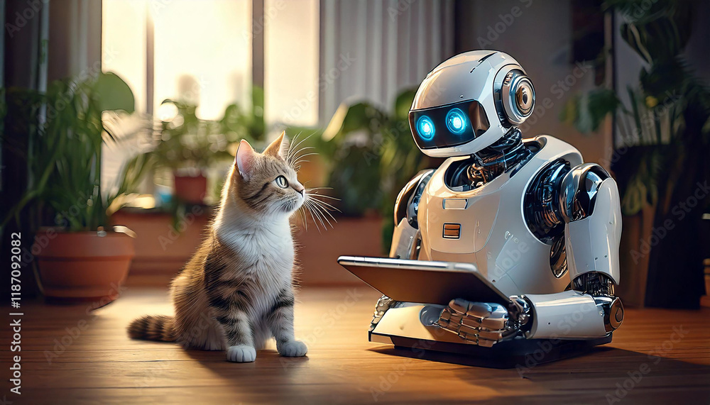 Mobile home robot assistant, works with the function caring for pet.