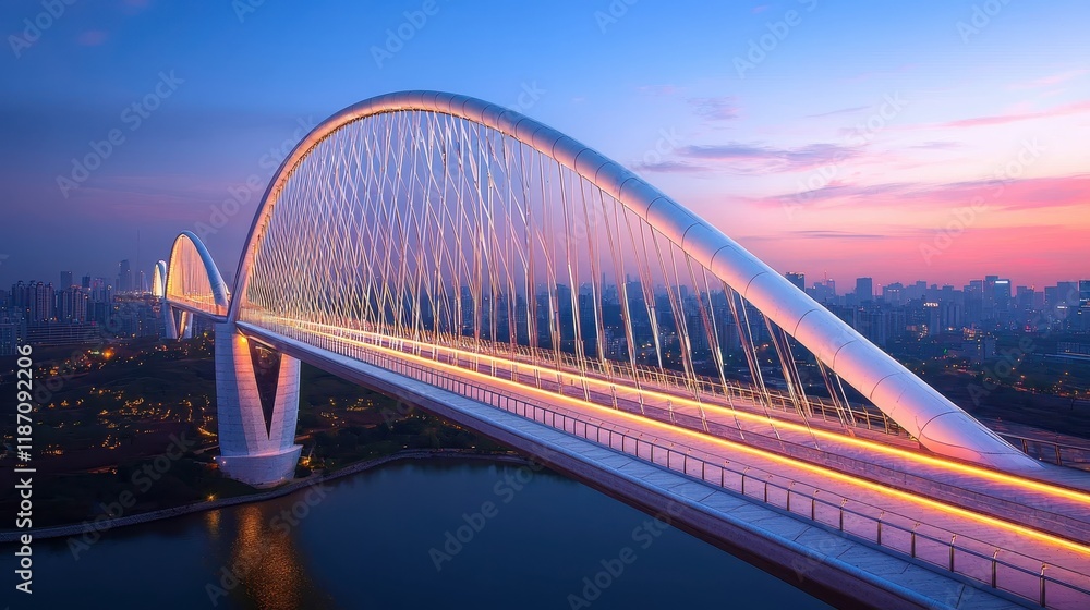 Naklejka premium A stunning view of a modern bridge illuminated at dusk, showcasing its architectural beauty against a vibrant sky.