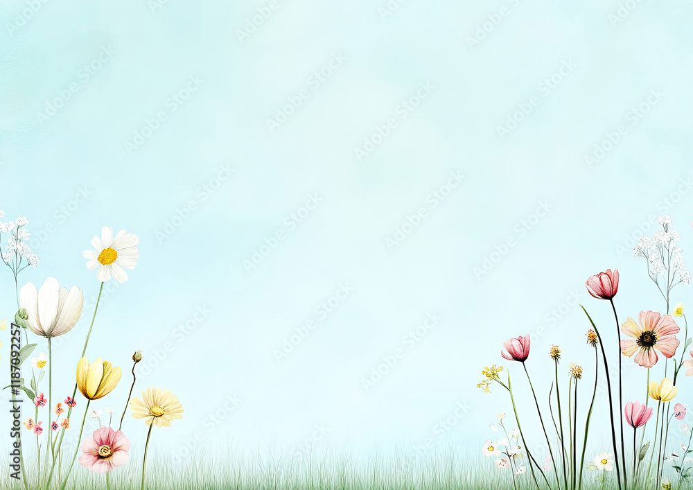 Frühlingshafte Aquarell-Illustration – Zarte Blumen mit Textfreiraum im Querformat