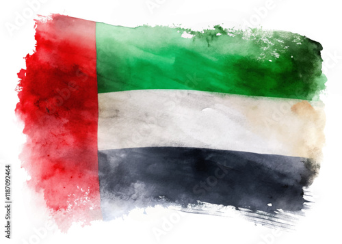 Watercolor UAE flag, vibrant colors, artistic representation, national pride, abstract design, cultural symbol.