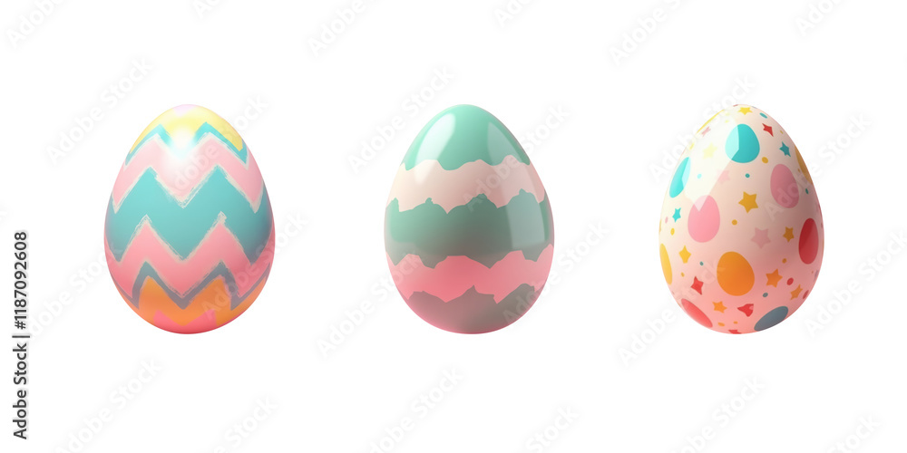 Set of three cute easter painted eggs with colorful pattern on transparent background in Kidcore style Set of three cute easter painted eggs with colorful pattern on transparent background in Kidcore style