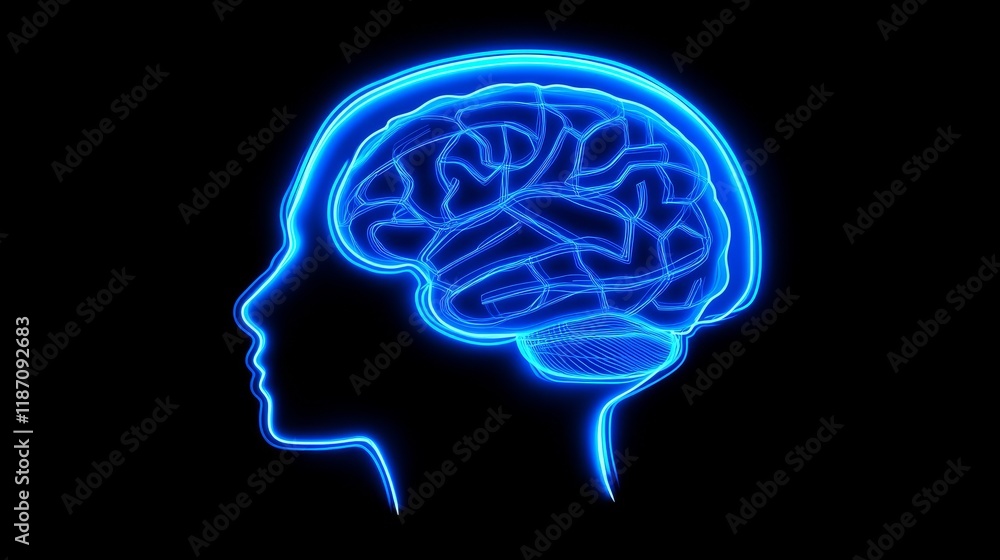 Glowing Network Pattern, Exploring the Depths of Human Brain and Cognition On Black Background Glowing Network Pattern, Exploring the Depths of Human Brain and Cognition On Black Background