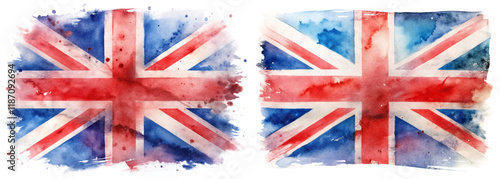 British flag watercolor, vibrant colors, artistic design, textured background, patriotic theme, creative illustration.