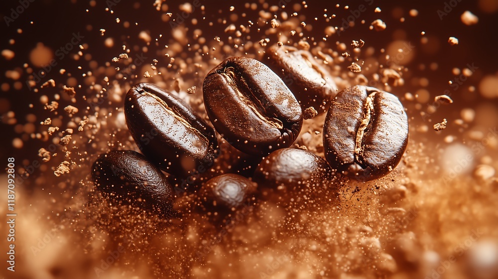 Artisanal crafted coffee beans with organic ground powder beautifully arranged on a sophisticated and dark background offering a unique luxury beverage presentation, Artisanal crafted coffee beans with organic ground powder beautifully arranged on a sophisticated and dark background offering a unique luxury beverage presentation,