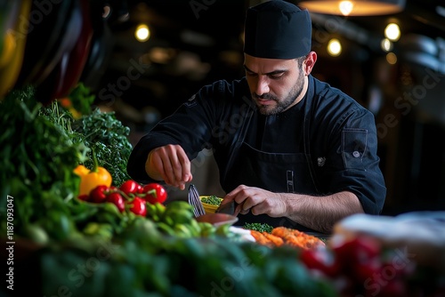 chef selecting ingredients for a recipe, amidst the vibrant colors photo