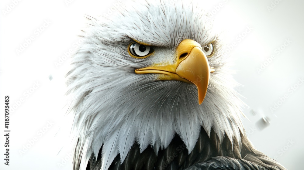 Fototapeta premium A majestic bald eagle with sharp eyes and detailed feathers, its powerful beak highlighted on a pure white background