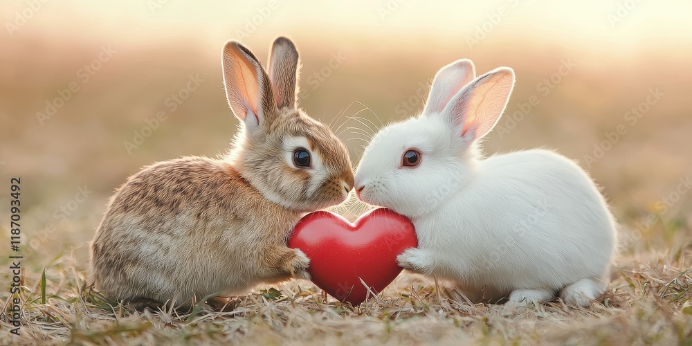 Obraz premium Valentine rabbit with romance and joy idea. Two rabbits holding a heart in a romantic setting.