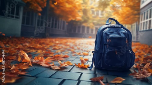 Backpack on brick path with autumn leaves and back-to-school text