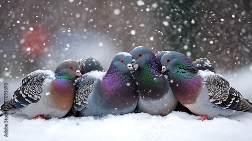 A group of pigeons huddling together for warmth on a snowy outdoor patio, their feathers puffed up as the snow continues to fall softly around them photo