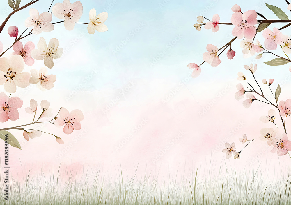 Frühlingshafte Aquarell-Illustration – Zarte Blumen mit Textfreiraum im Querformat