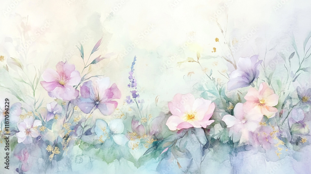 Fototapeta premium light soft floral abstract background with soft and pastel watercolor stains, Luxurious and soft color Watercolor Flower, floral background with watercolor soft pastel flowers and watercolor stains.