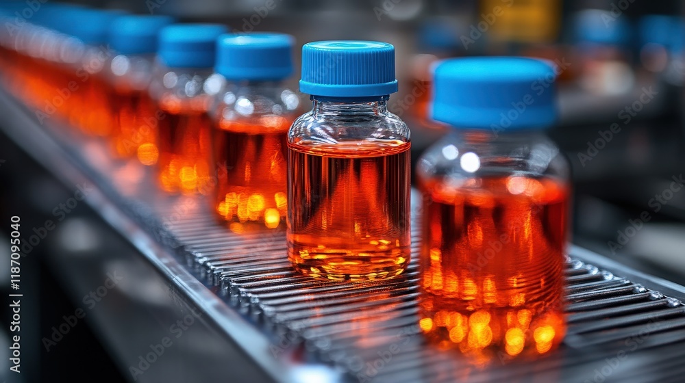 Row of glass vials filled with vibrant orange liquid on a metal conveyor belt in a modern laboratory setting showcasing pharmaceutical or cosmetic production Row of glass vials filled with vibrant orange liquid on a metal conveyor belt in a modern laboratory setting showcasing pharmaceutical or cosmetic production