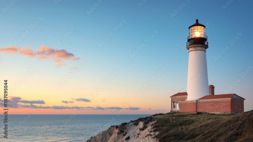 A serene lighthouse stands on a coastal bluff, illuminated against a vibrant sunset, guiding ships along the tranquil ocean. A serene lighthouse stands on a coastal bluff, illuminated against a vibrant sunset, guiding ships along the tranquil ocean.