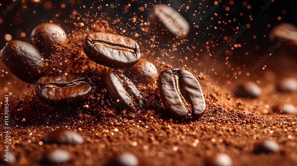 Luxurious aroma and rich texture of premium coffee beans combined with freshly ground powder beautifully displayed on a dark moody background for an exquisite sensory experience,贅沢な香りと豊かな質感を持つプレミアムコーヒ Luxurious aroma and rich texture of premium coffee beans combined with freshly ground powder beautifully displayed on a dark moody background for an exquisite sensory experience,贅沢な香りと豊かな質感を持つプレミアムコーヒ