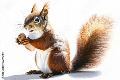 A realistic depiction of a wild red squirrel holding a nut, with its bushy tail and fur texture highlighted on a pure white background photo