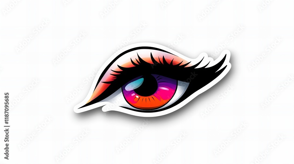 A vibrant, stylized eye with bold makeup and warm-toned eyeshadow. The iris shimmers with orange and purple. A vibrant, stylized eye with bold makeup and warm-toned eyeshadow. The iris shimmers with orange and purple.