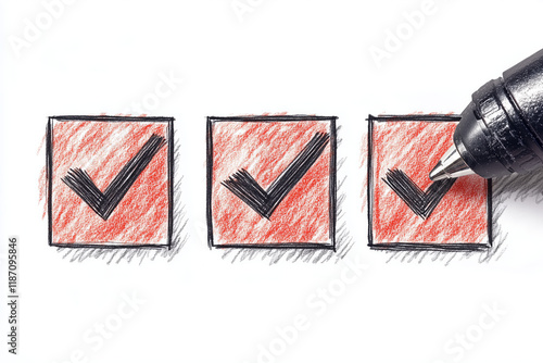 Close-up of a black pen completing red-filled checkboxes on a list, symbolizing organization, task management, and accomplishment.
 photo