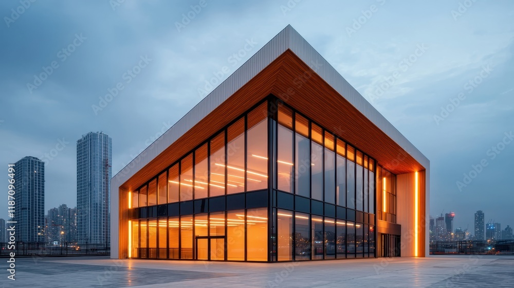 A modern architectural structure with a triangular roof, featuring large glass windows and warm lighting, set against a city skyline at dusk. A modern architectural structure with a triangular roof, featuring large glass windows and warm lighting, set against a city skyline at dusk.
